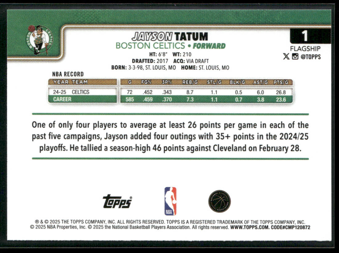 Jayson Tatum 2025-26 Topps #1 Boston Celtics back