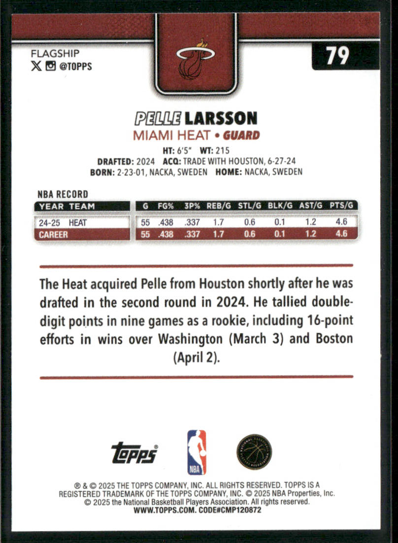 Pelle Larsson 2025-26 Topps #79 Miami Heat back
