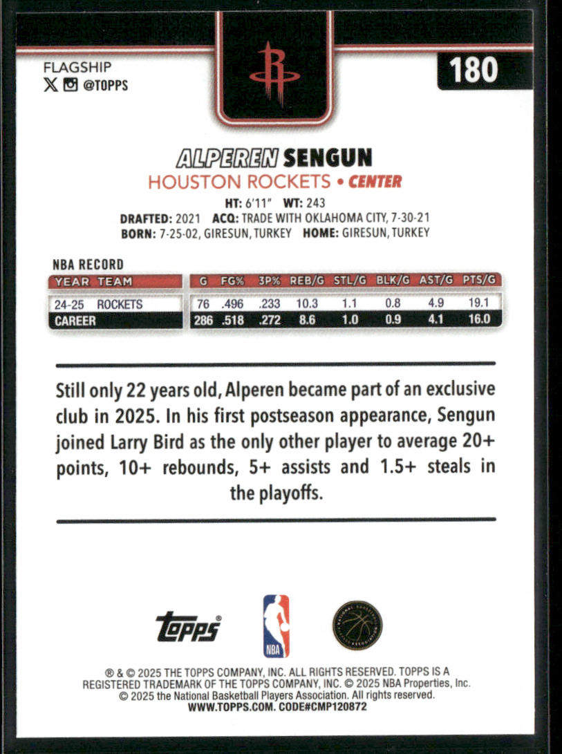 Alperen Sengun 2025-26 Topps #180 Houston Rockets back
