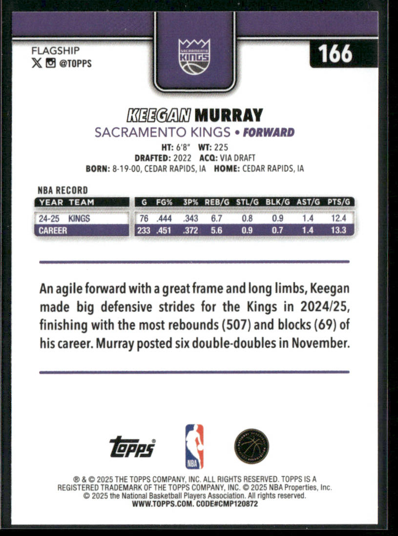 Keegan Murray 2025-26 Topps #166 Sacramento Kings back