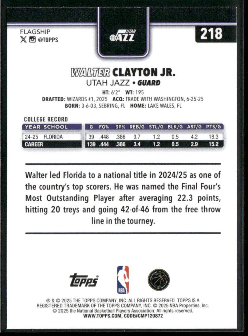 Walter Clayton Jr. 2025-26 Topps #218 RC Utah Jazz back