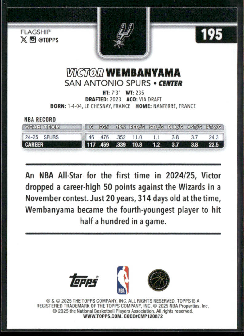 Victor Wembanyama 2025-26 Topps #195 San Antonio Spurs back
