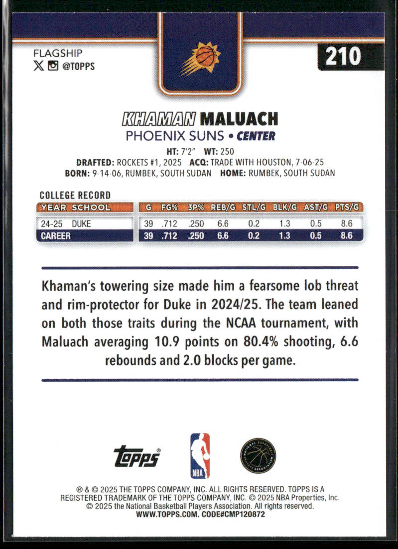 Khaman Maluach 2025-26 Topps #210 RC Phoenix Suns back