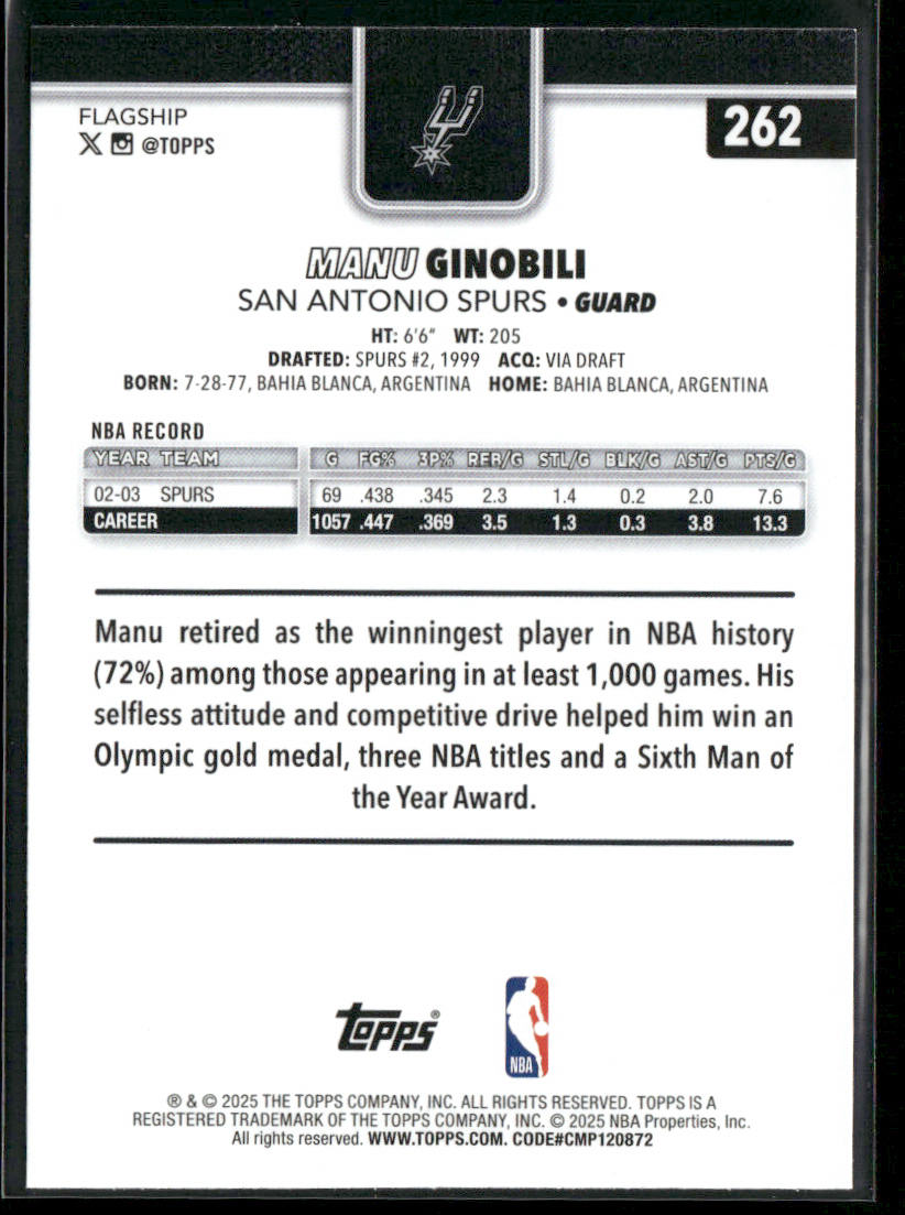 Manu Ginobili 2025-26 Topps #262 San Antonio Spurs back