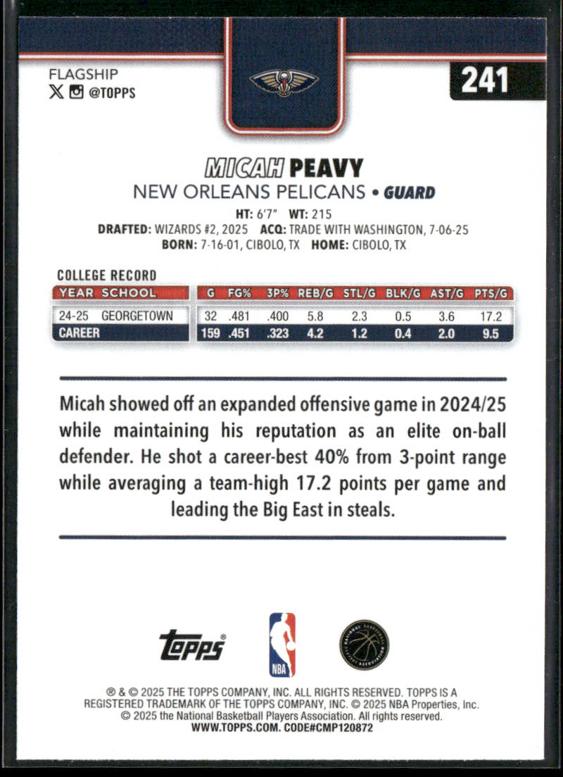 Micah Peavy 2025-26 Topps #241 RC New Orleans Pelicans back