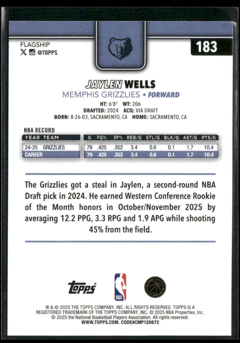 Jaylen Wells 2025-26 Topps #183 Memphis Grizzlies back