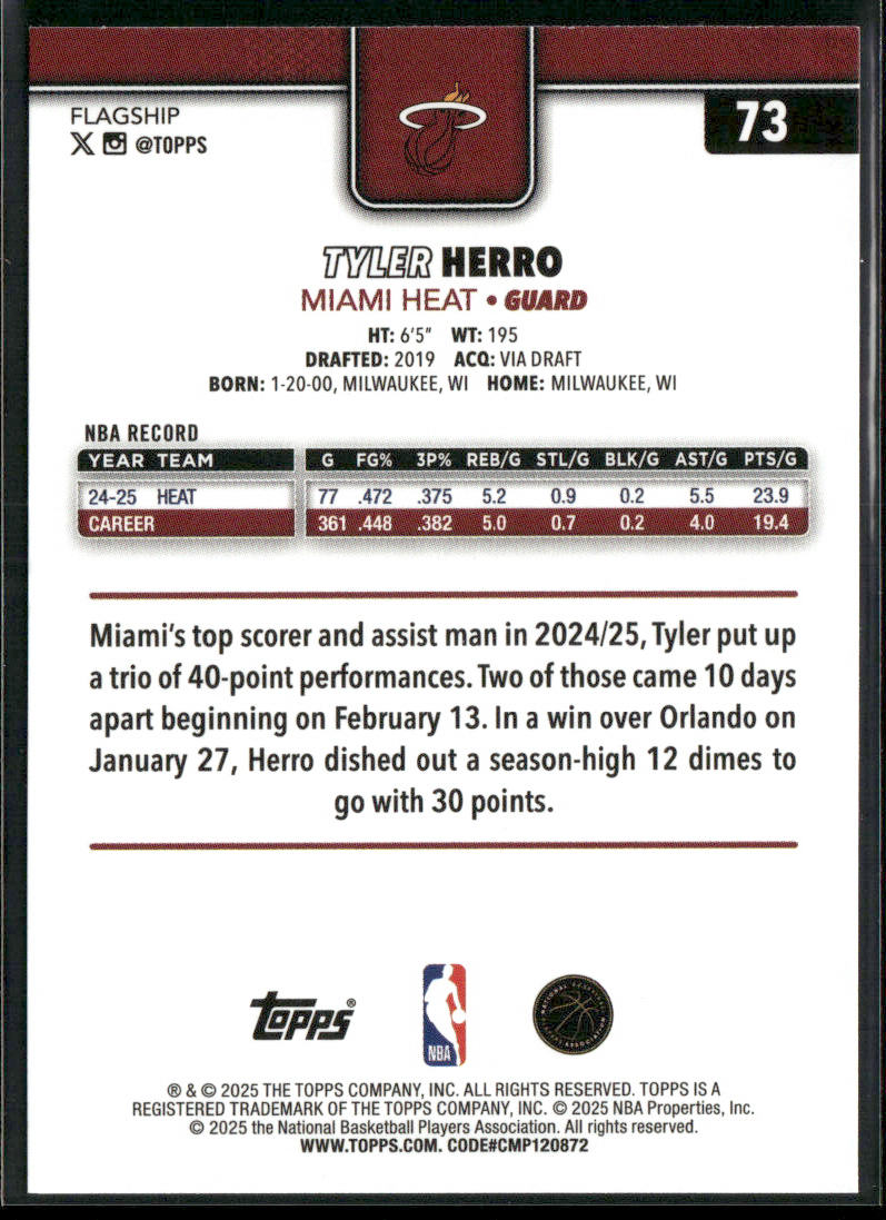 Tyler Herro 2025-26 Topps #73 Miami Heat back