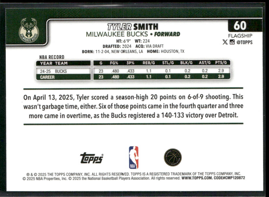 Tyler Smith 2025-26 Topps #60 Milwaukee Bucks back
