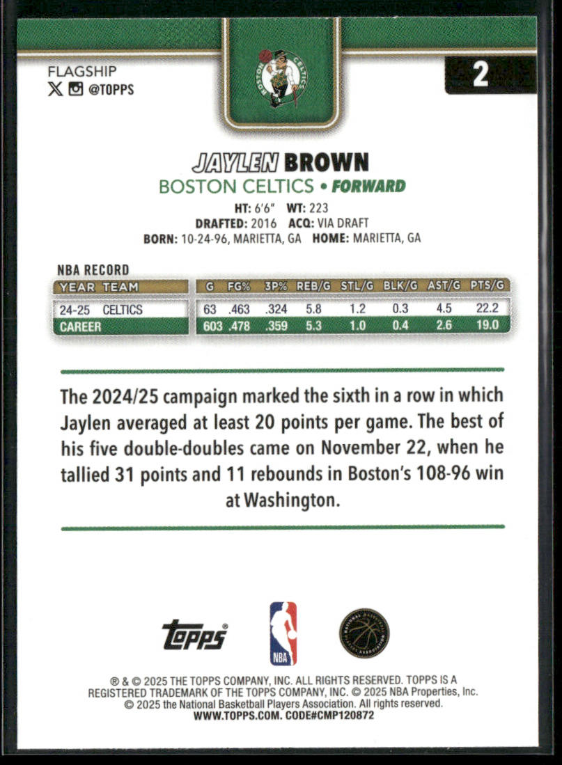 Jaylen Brown 2025-26 Topps #2 Boston Celtics back