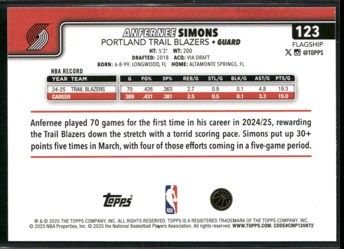 Anfernee Simons 2025-26 Topps #123 Portland Trail Blazers back