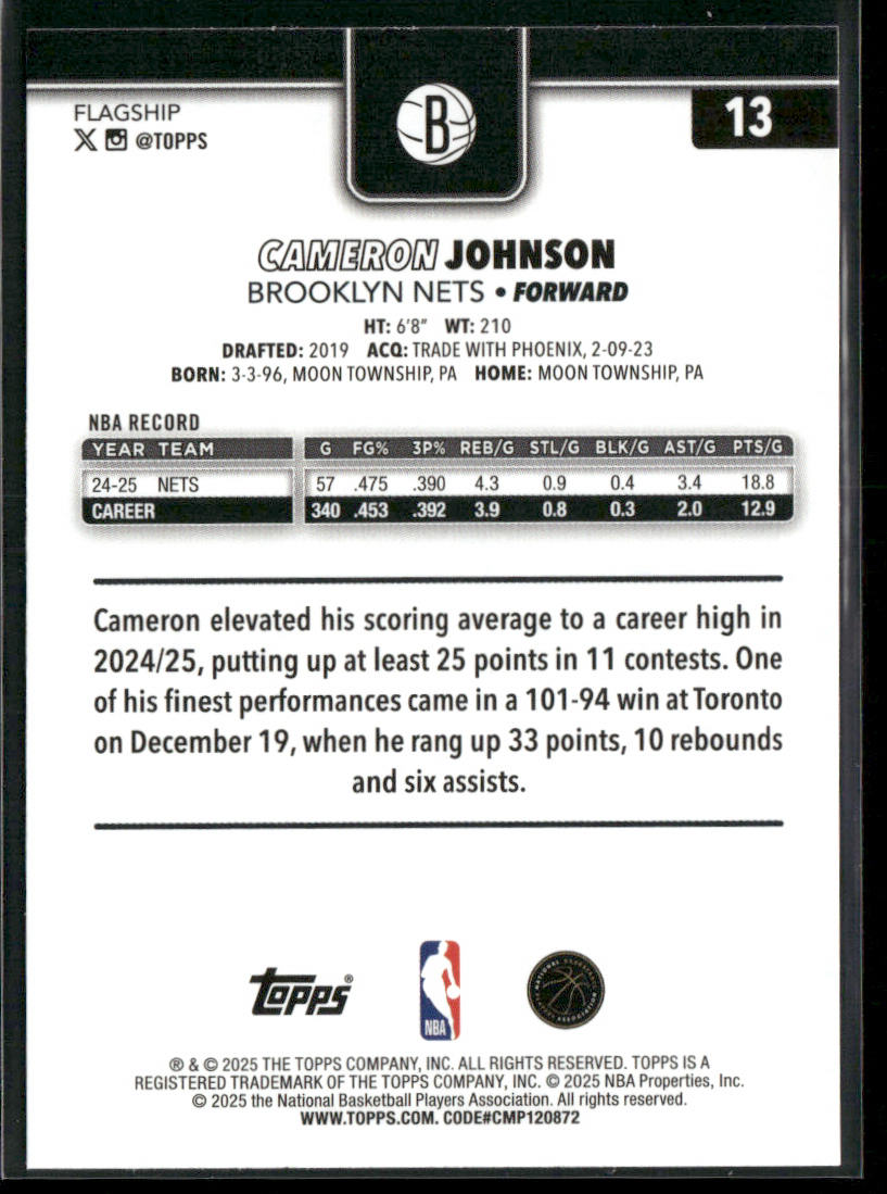 Cameron Johnson 2025-26 Topps #13 Brooklyn Nets back