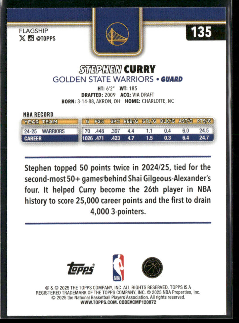 Stephen Curry 2025-26 Topps #135 Golden State Warriors back