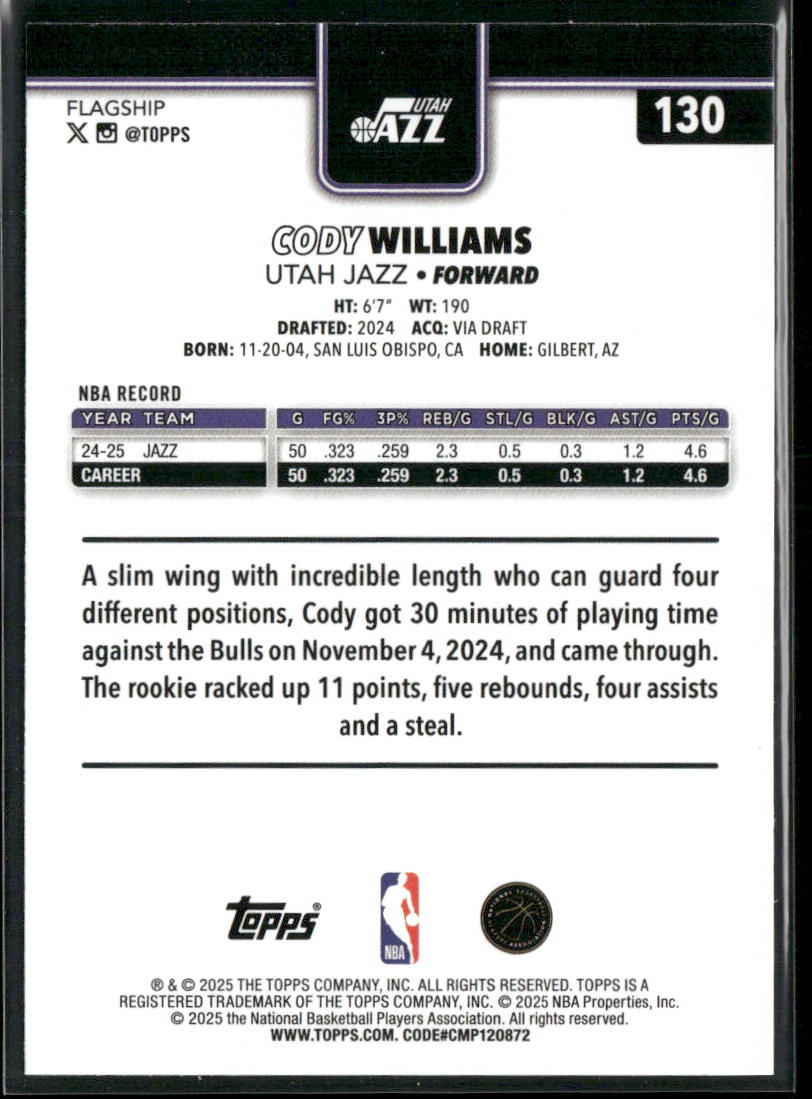 Cody Williams 2025-26 Topps #130 Utah Jazz back