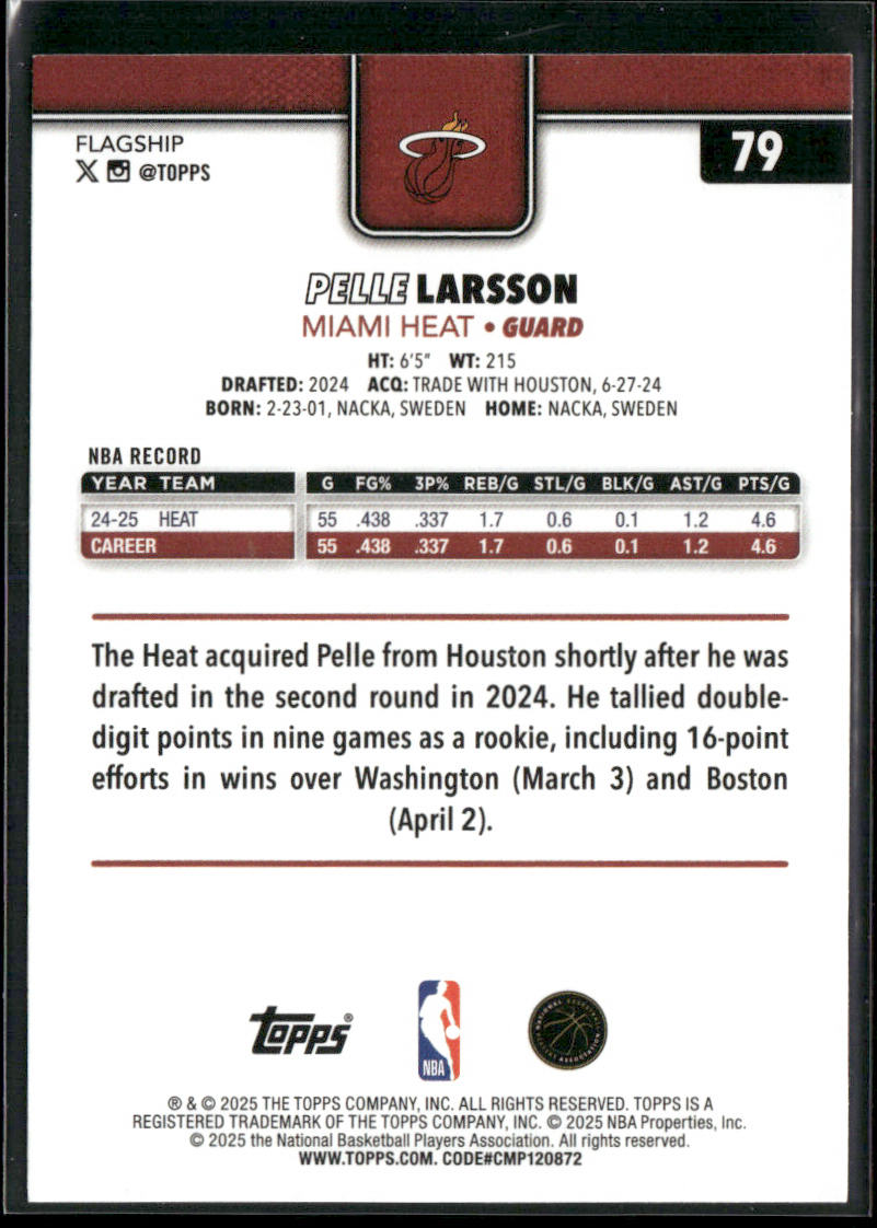 Pelle Larsson 2025-26 Topps #79 Miami Heat back
