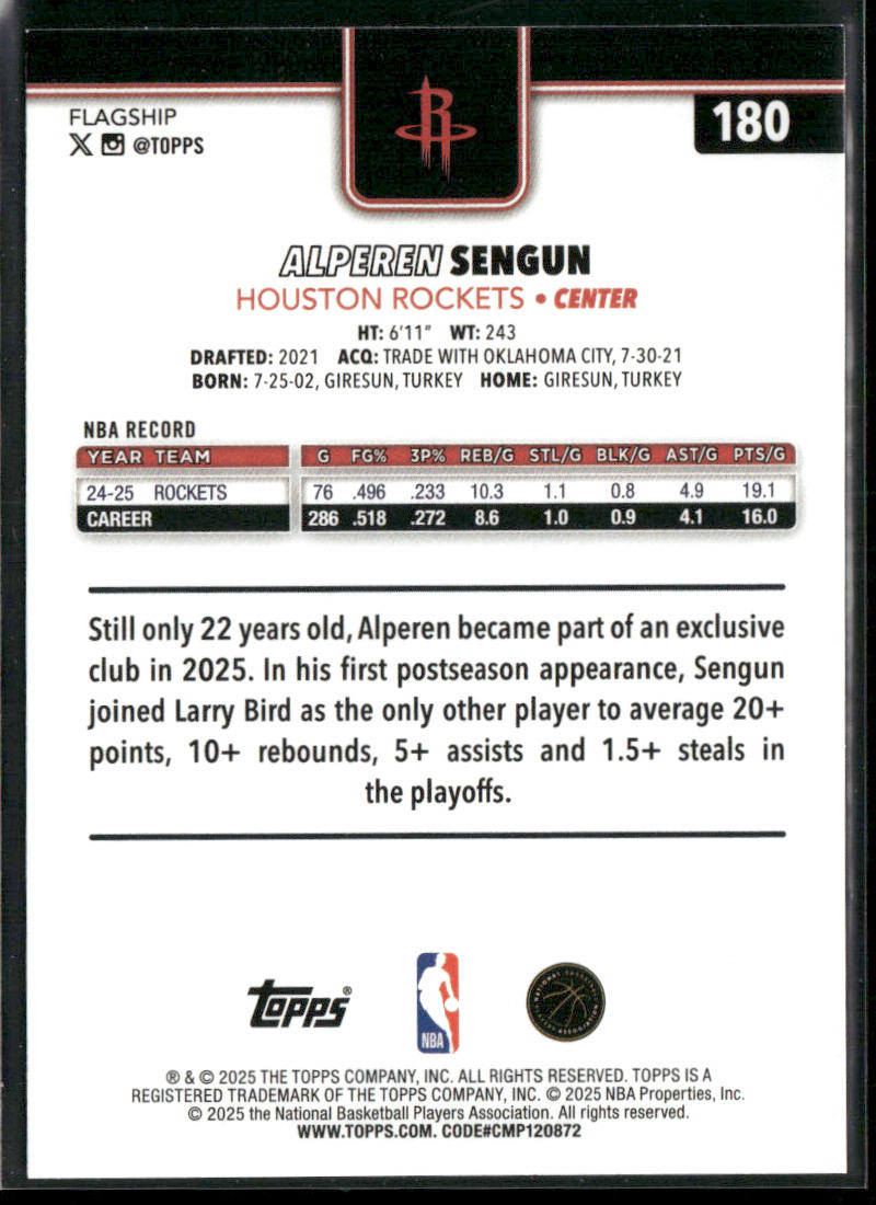 Alperen Sengun 2025-26 Topps #180 Houston Rockets back