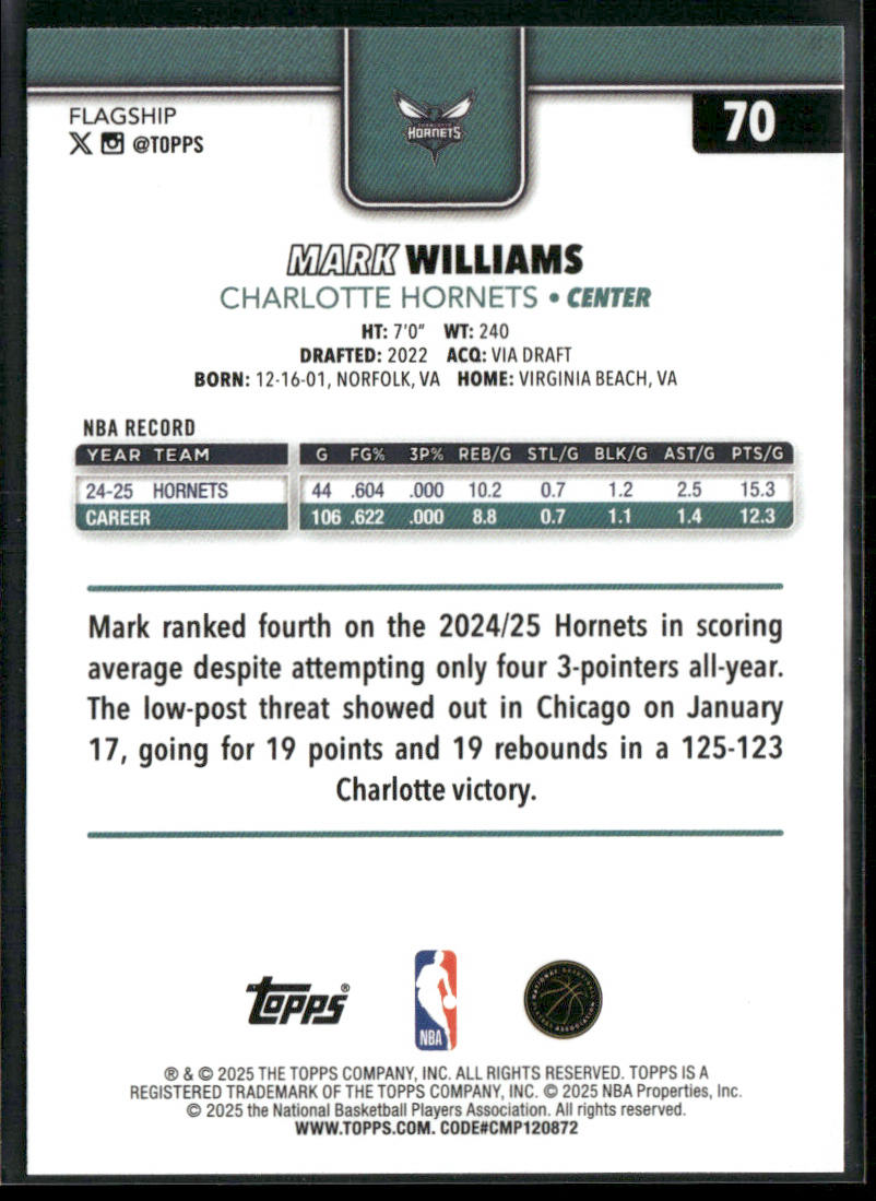 Mark Williams 2025-26 Topps #70 Charlotte Hornets back