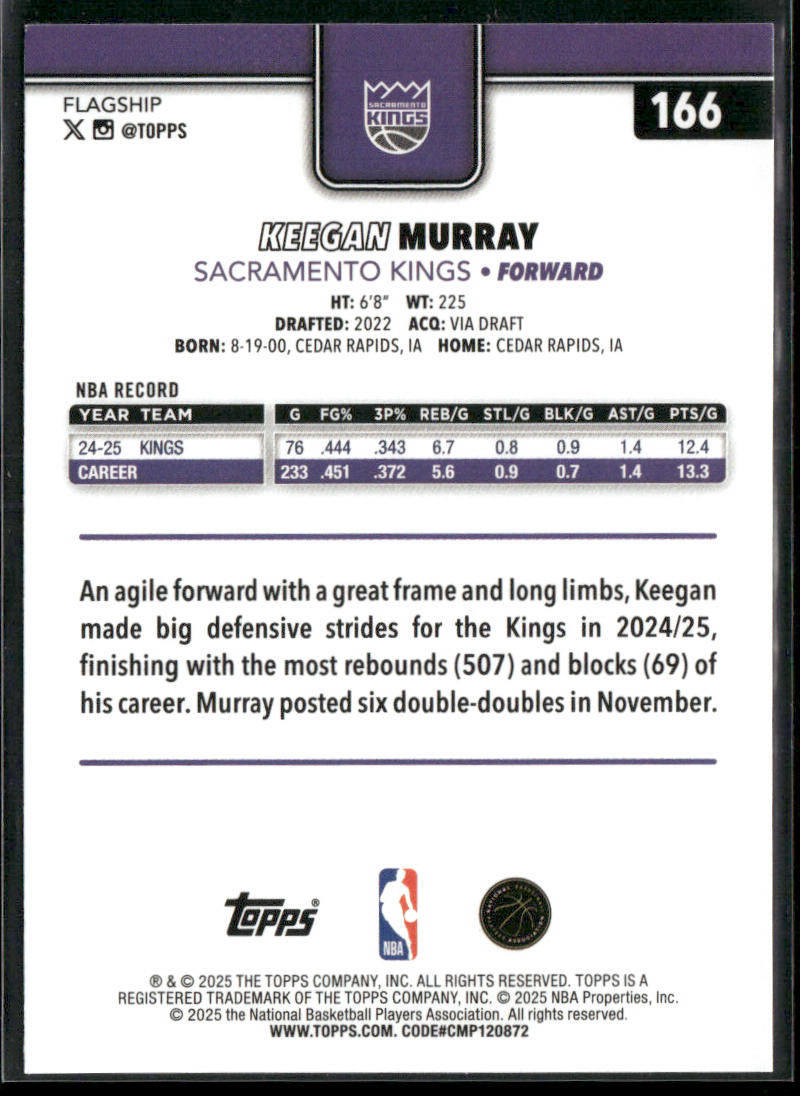 Keegan Murray 2025-26 Topps #166 Sacramento Kings back