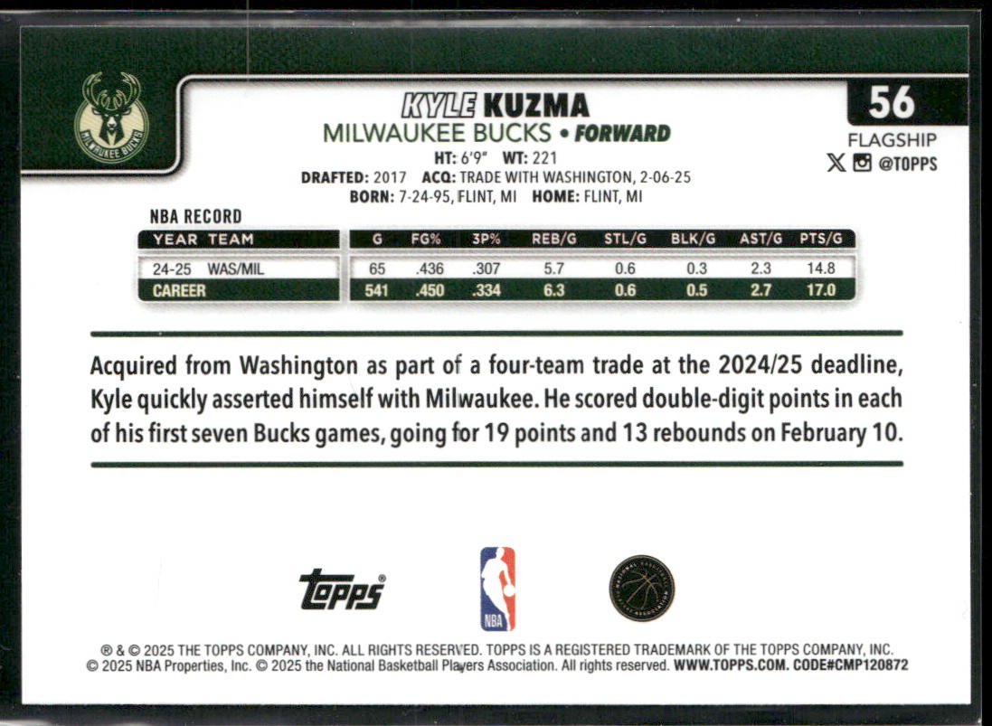 Kyle Kuzma 2025-26 Topps #56 Milwaukee Bucks back