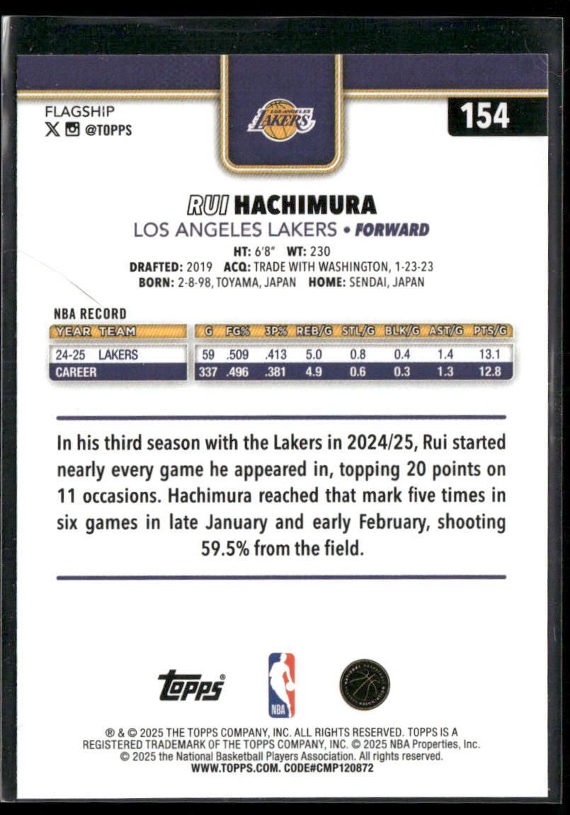 Rui Hachimura 2025-26 Topps #154 Los Angeles Lakers back