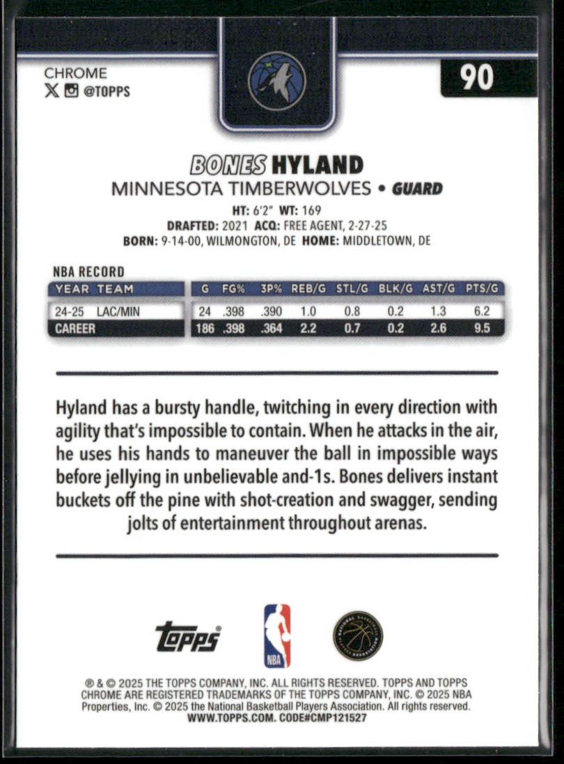 Bones Hyland 2025-26 Topps Chrome Red White and Blue Refractor #90 Timberwolves