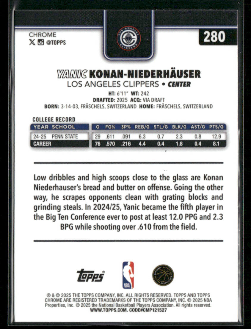 Yanic Konan Niederhäuser 2025-26 Topps Chrome #280 RC Los Angeles Clippers