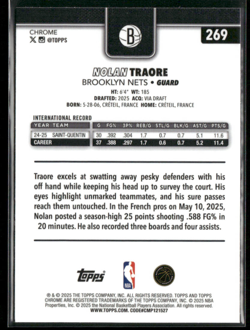 Nolan Traore 2025-26 Topps Chrome #269 RC Brooklyn Nets