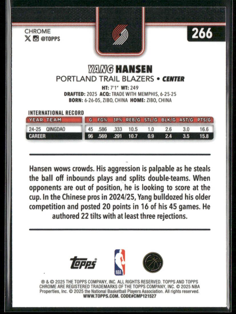 Yang Hansen 2025-26 Topps Chrome #266 RC