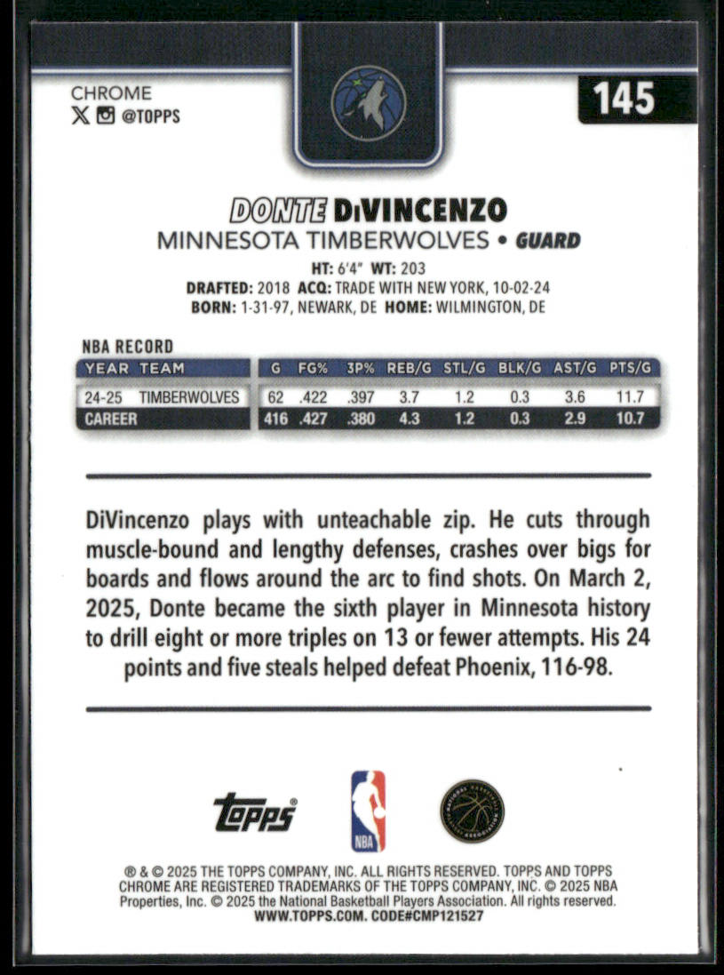 Donte DiVincenzo 2025-26 Topps Chrome #145 Minnesota Timberwolves back
