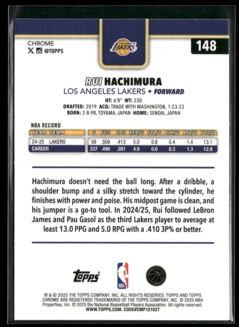 Rui Hachimura 2025-26 Topps Chrome #148 Los Angeles Lakers back