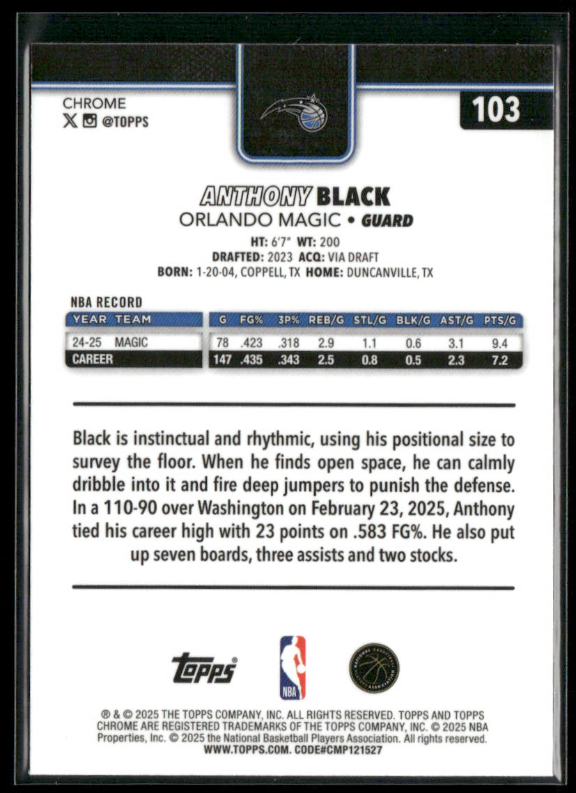 Anthony Black 2025-26 Topps Chrome #103 Orlando Magic back