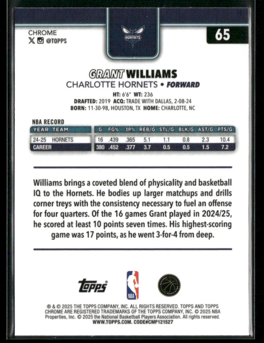 Grant Williams 2025-26 Topps Chrome #65 Charlotte Hornets back