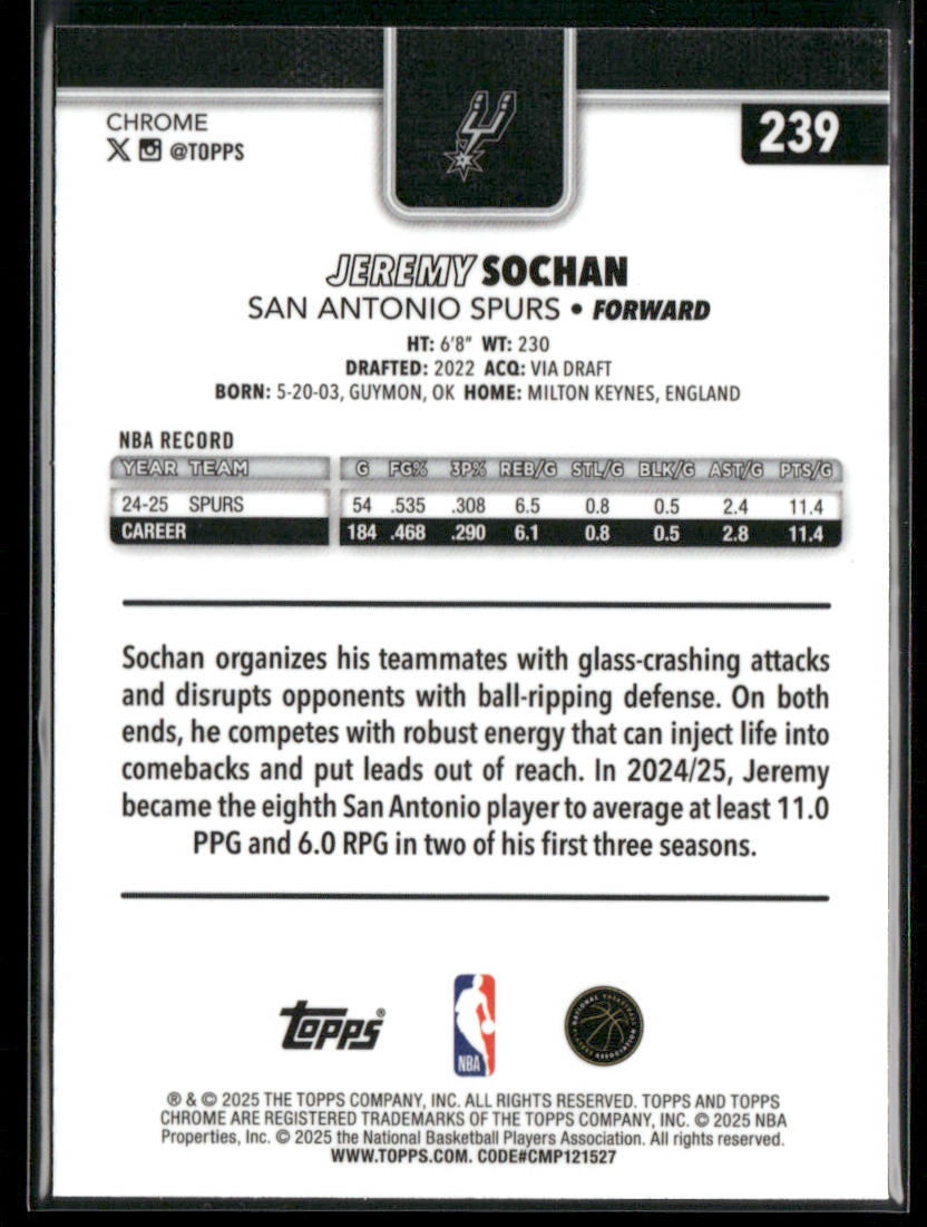 Jeremy Sochan 2025-26 Topps Chrome #239 San Antonio Spurs back