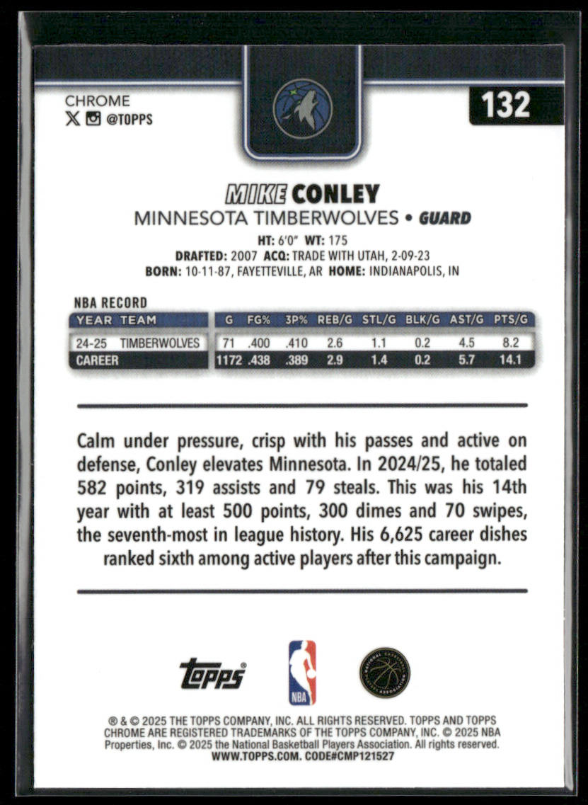 Mike Conley 2025-26 Topps Chrome #132 Minnesota Timberwolves back