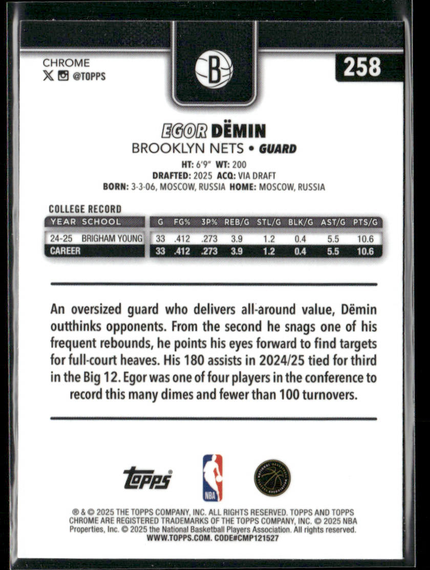 Egor Dëmin 2025-26 Topps Chrome #258 RC Brooklyn Nets