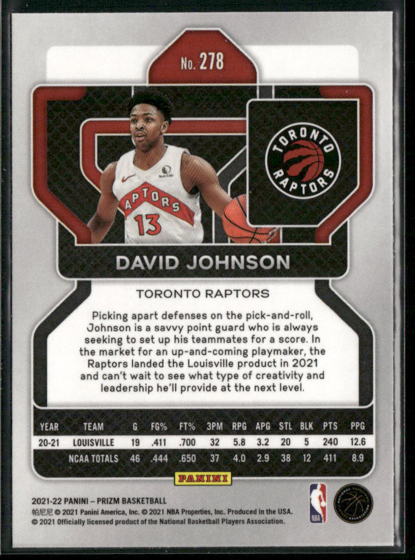 David Johnson 2021-22 Panini Prizm #278 RC Toronto Raptors