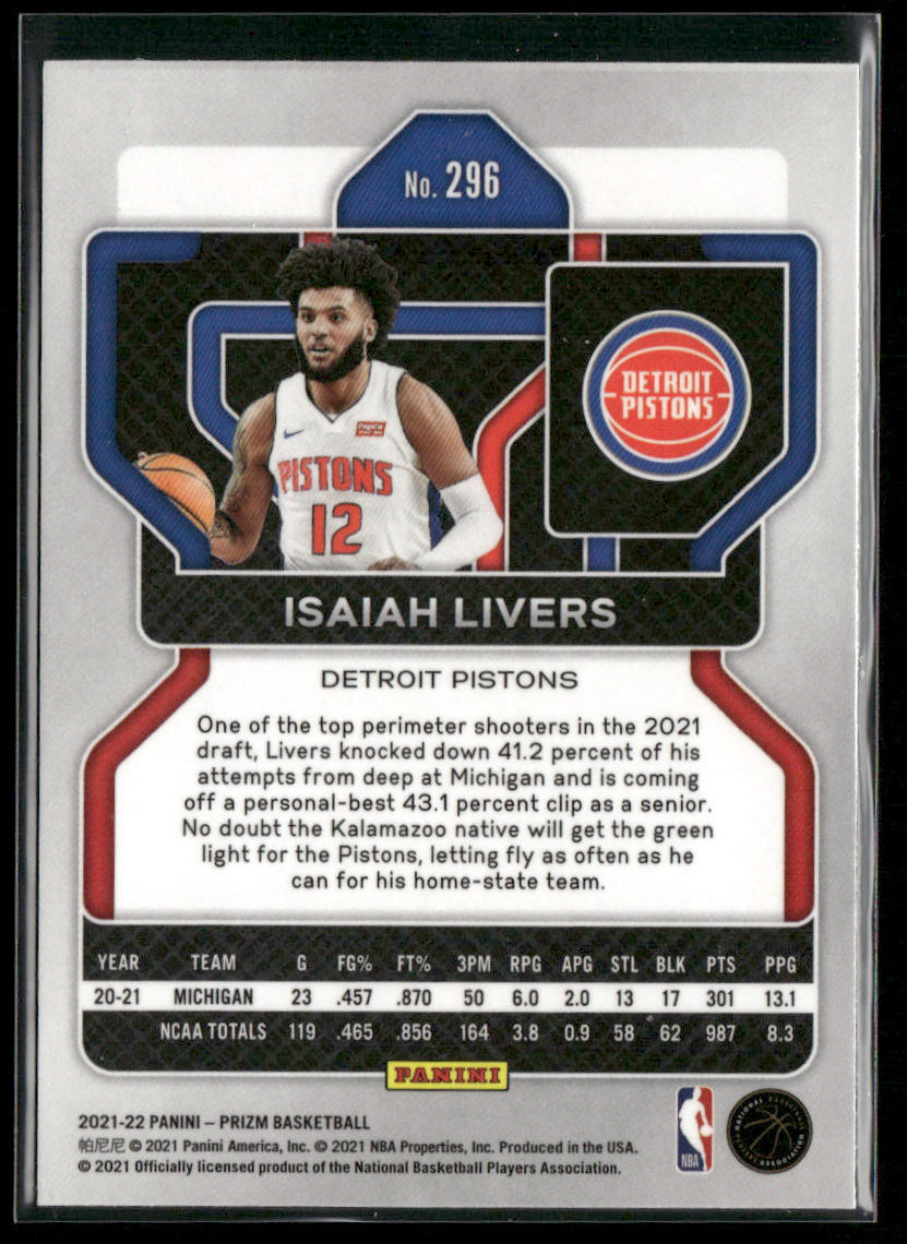 Isaiah Livers 2021-22 Panini Prizm #296 RC Detroit Pistons