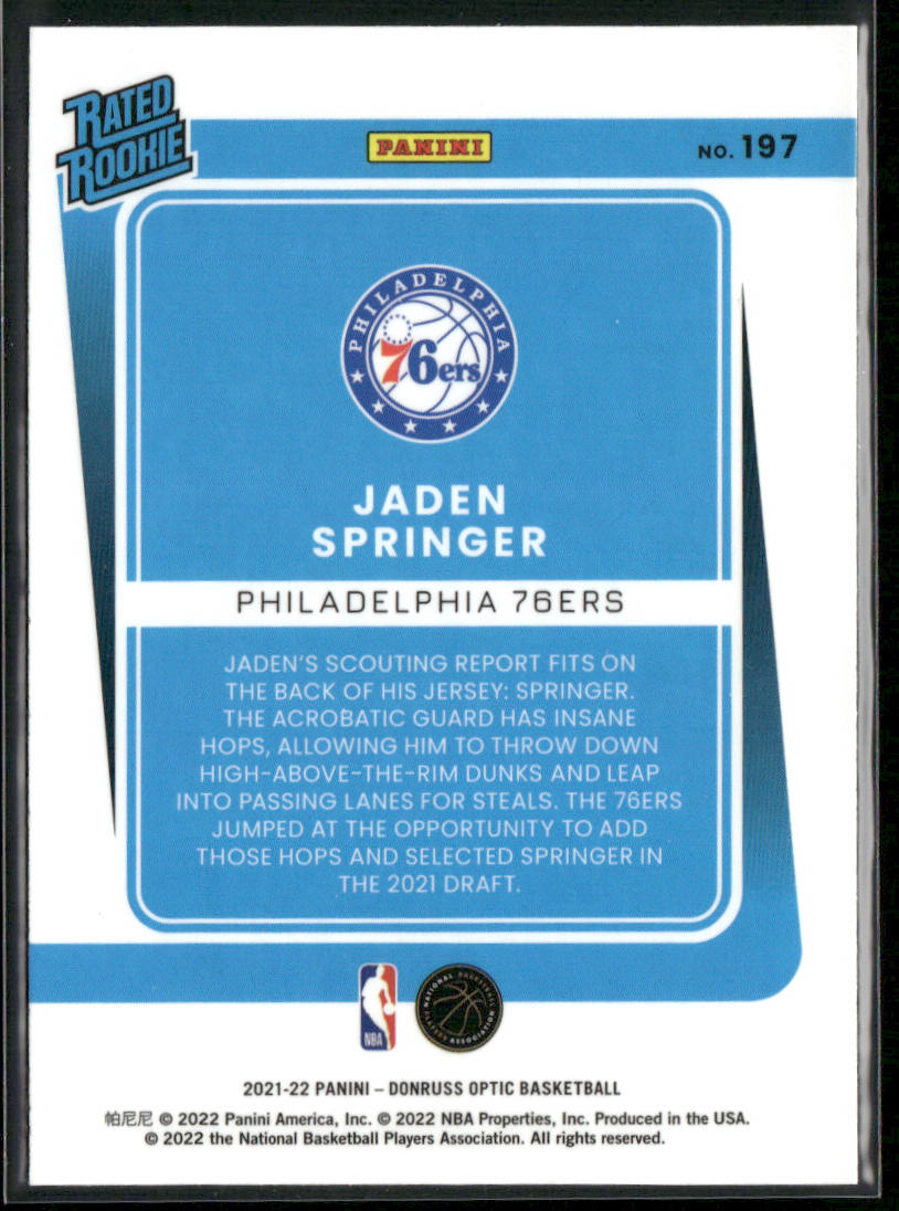 Jaden Springer 2021-22 Donruss Optic #197 RC Philadelphia 76ers