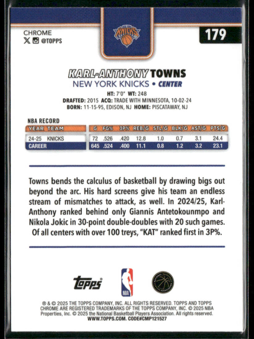 Karl-Anthony Towns 2025-26 Topps Chrome #179 New York Knicks back