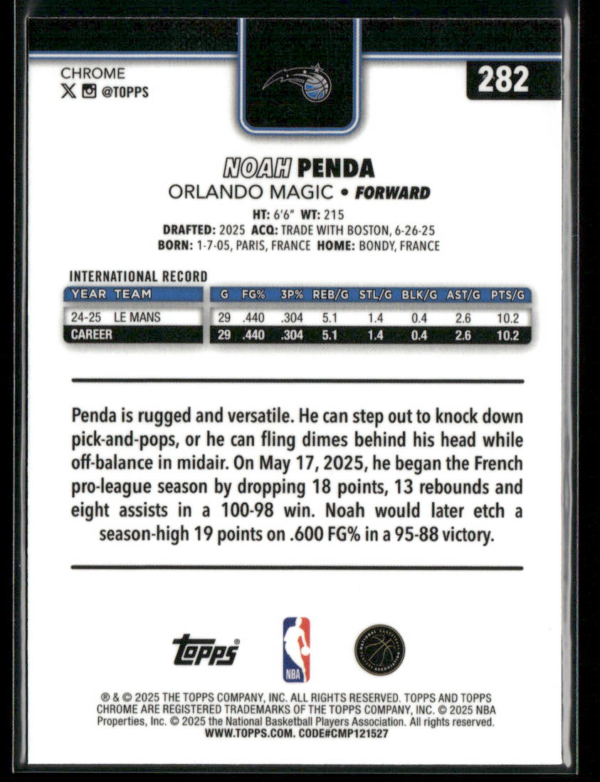 Noah Penda 2025-26 Topps Chrome #282 RC Orlando Magic