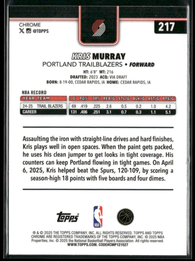 Kris Murray 2025-26 Topps Chrome #217 Portland Trail Blazers back