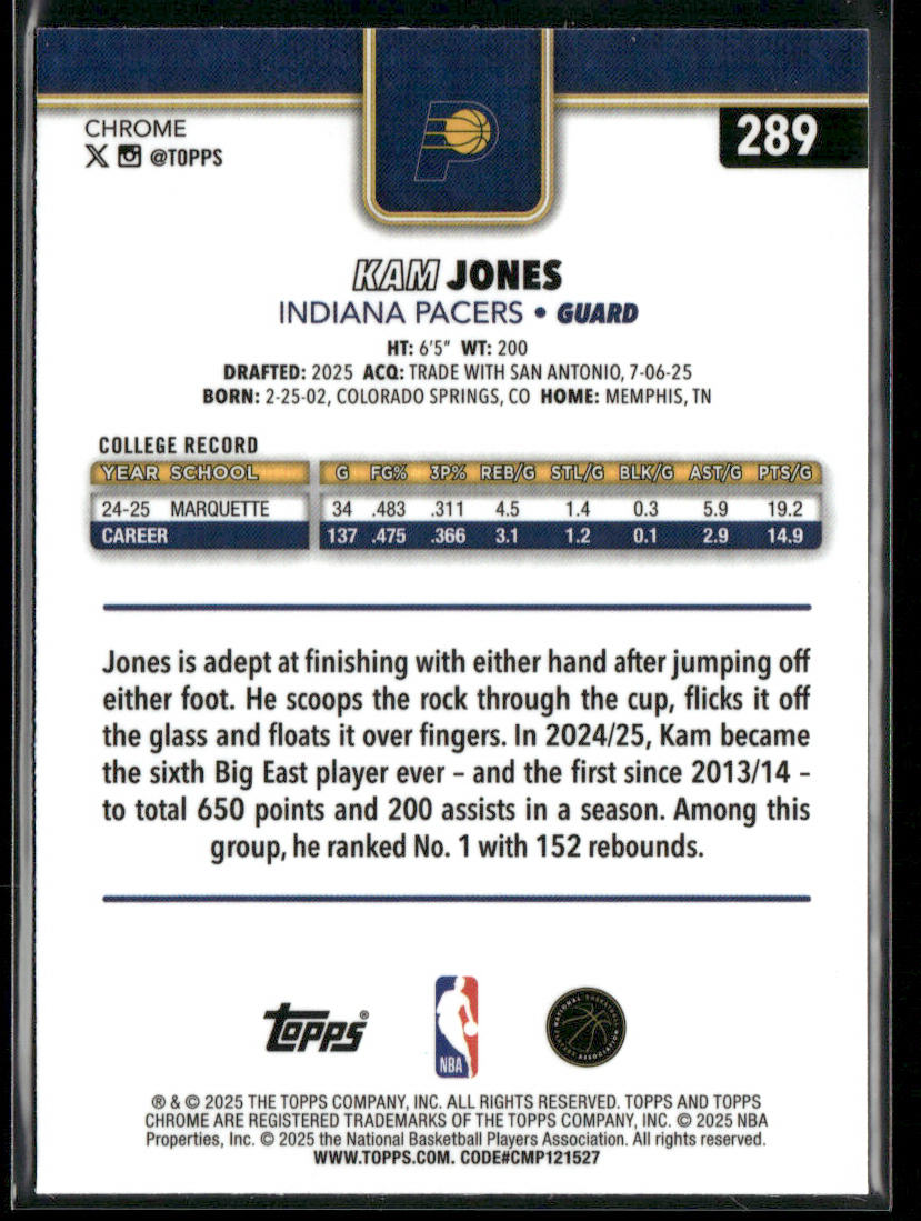 Kam Jones 2025-26 Topps Chrome #289 RC Indiana Pacers
