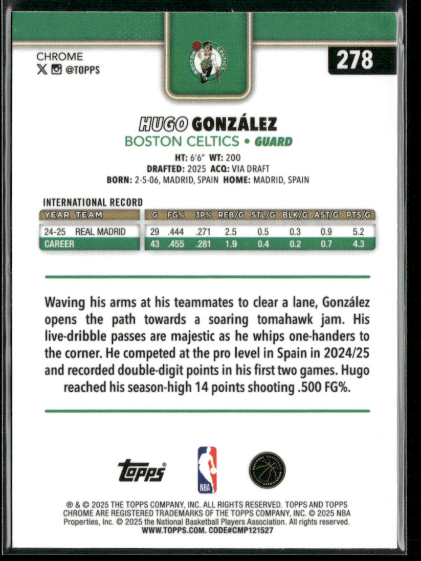 Hugo González 2025-26 Topps Chrome #278 RC Boston Celtics