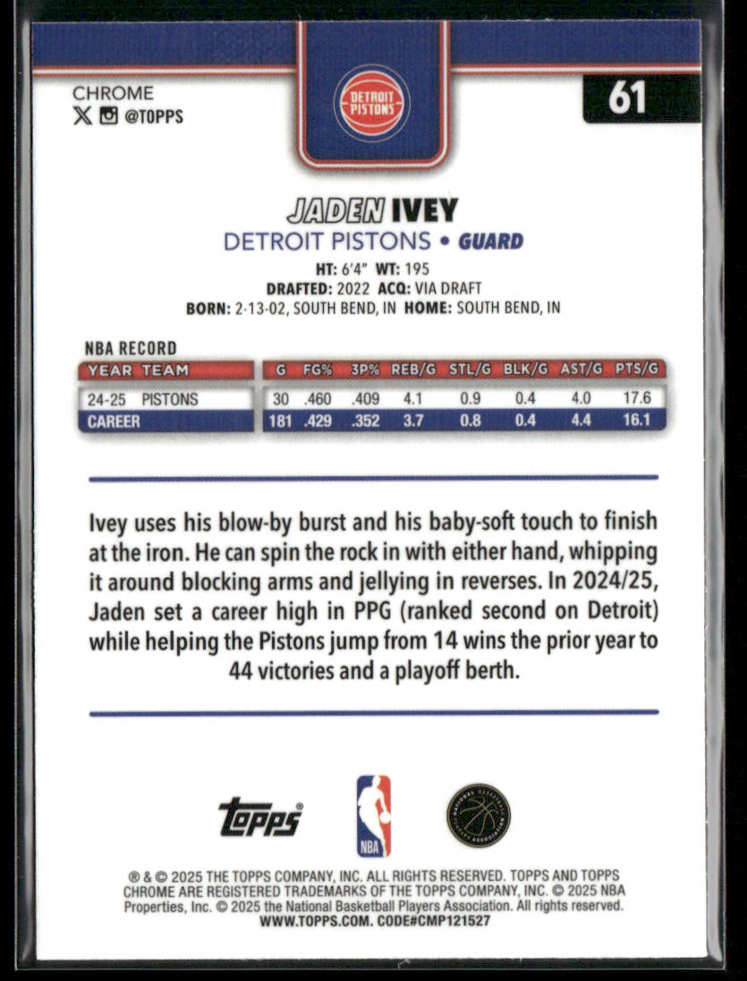 Jaden Ivey 2025-26 Topps Chrome #61 Detroit Pistons