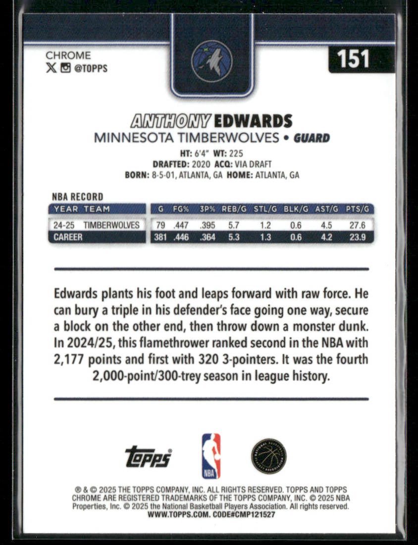Anthony Edwards 2025-26 Topps Chrome #151 Minnesota Timberwolves