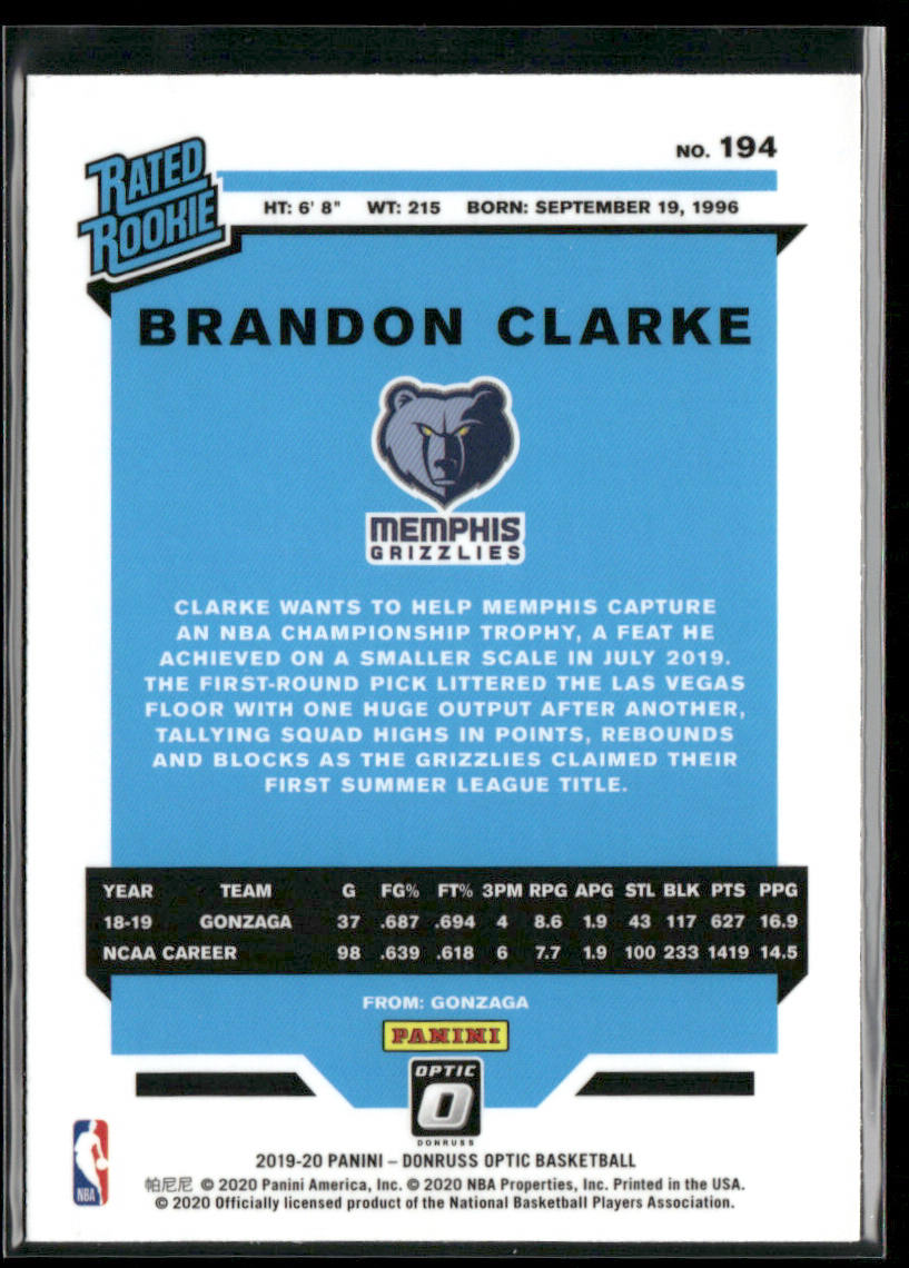 Brandon Clarke 2019-20 Donruss Optic #194 RC Memphis Grizzlies