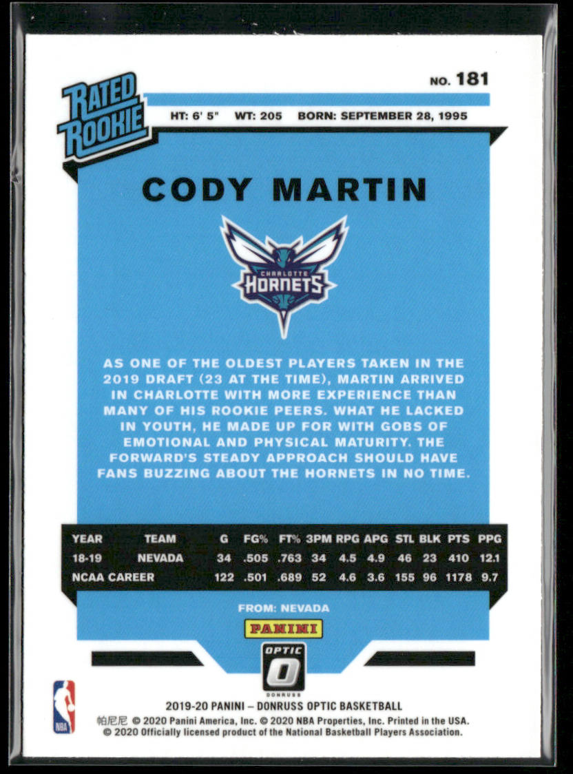 Cody Martin 2019-20 Donruss Optic Holo #181 RC Charlotte Hornets