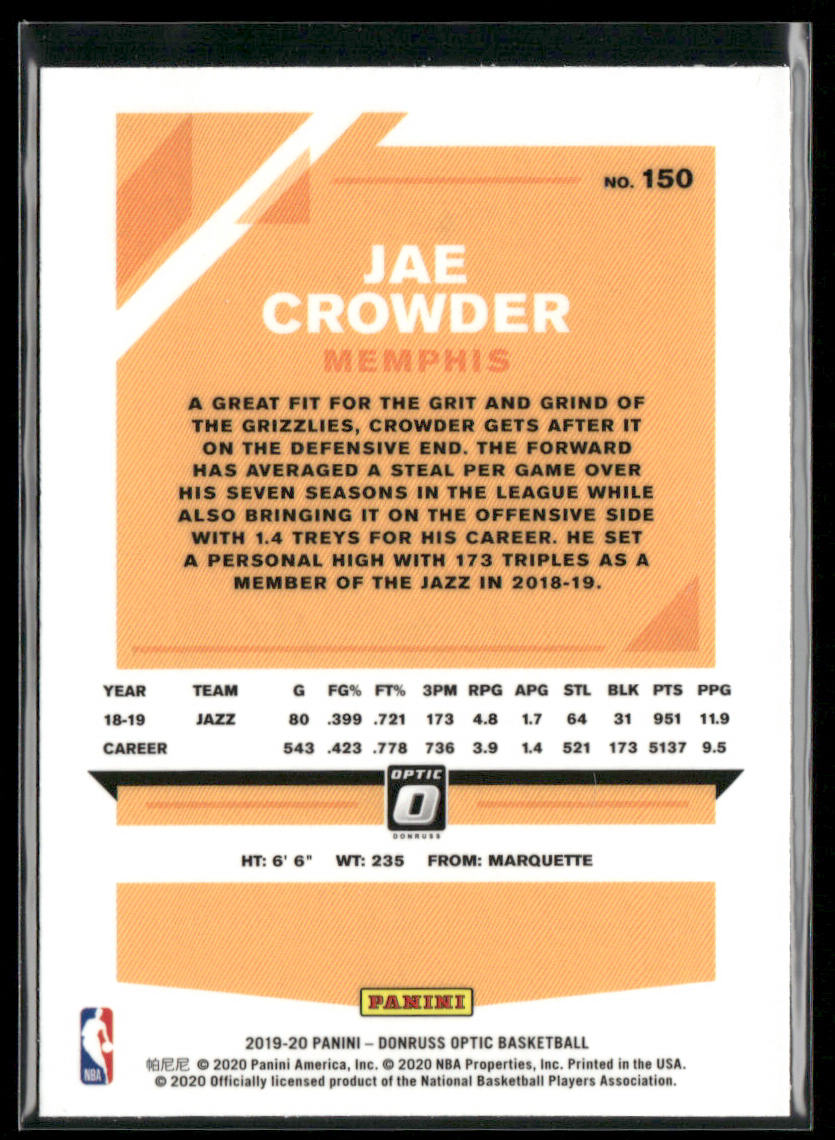 Jae Crowder 2019-20 Donruss Optic #150 Memphis Grizzlies