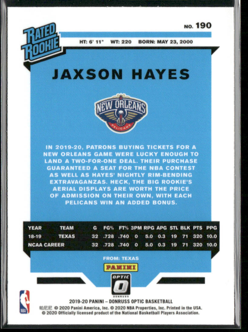 Jaxson Hayes 2019-20 Donruss Optic #190 RC New Orleans Pelicans