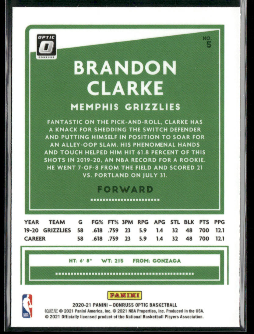 Brandon Clarke 2020-21 Donruss Optic #5 Memphis Grizzlies