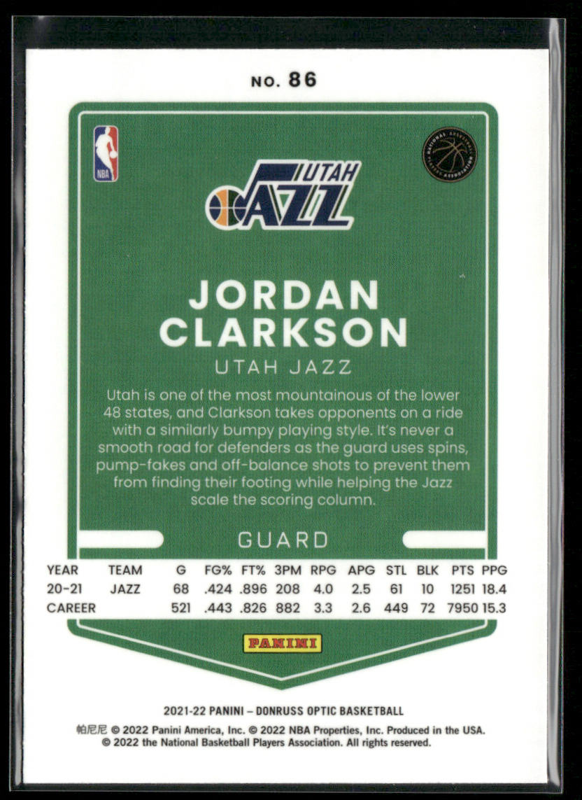 Jordan Clarkson 2021-22 Donruss Optic #86 Utah Jazz